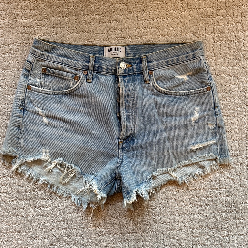 Agolde Light Blue Distressed Jean Shorts